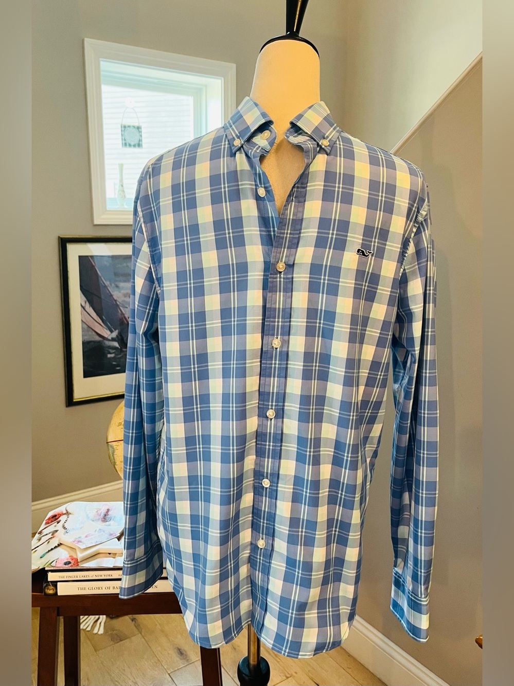 VINEYARD VINES Men’s Shirt Box Plaid “Whale” Logo 5-Button in White/Blue
